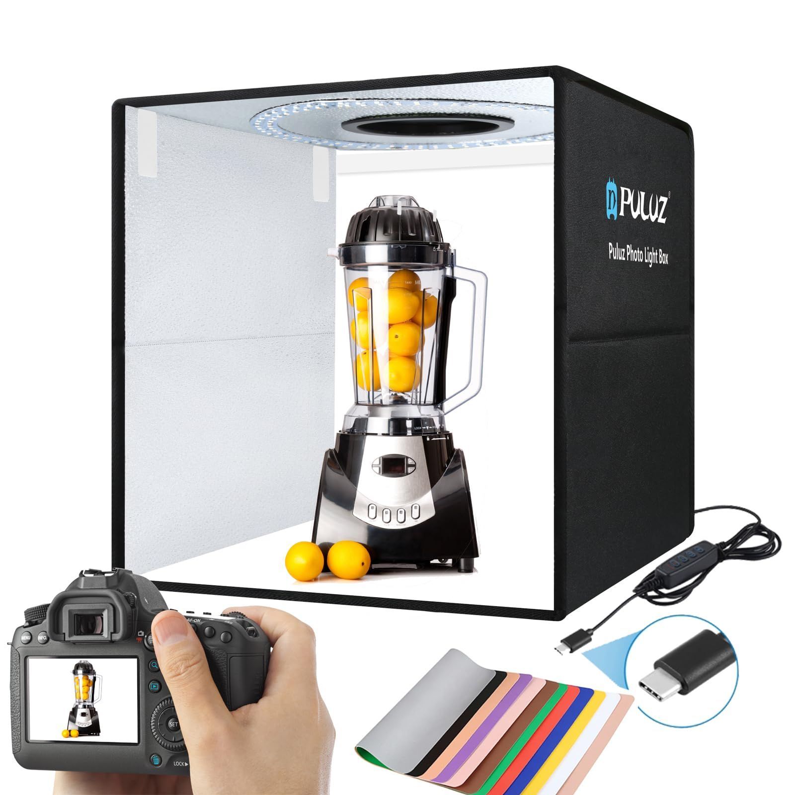 PULUZ 50cm撮影ボックス ポータブル簡易スタジ商品撮影用 10段階の明るさ調整 撮影ブース200個6500K超高輝度LEDライト6面 12色背景付きグッズ撮影ボックス大型写真スタジオ 撮影キット Upgraded