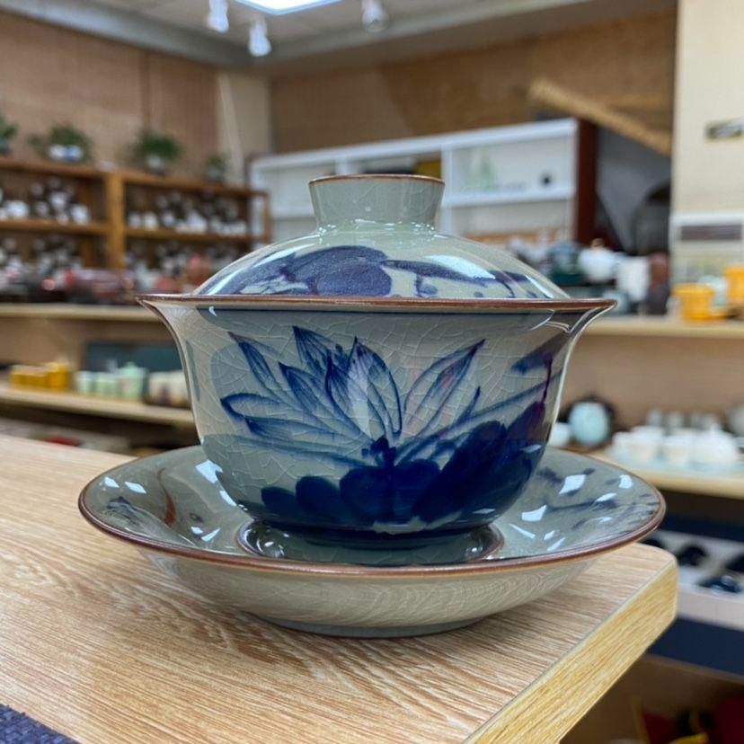 景徳鎮 手画青花三才蓋碗 茶碗 茶道具 新品未使用 中国 景徳