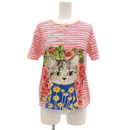 グッチ GUCCI ヒグチユウコ Higuchi Yuko Tシャツ カットソー ボーダー 猫プリント 半袖 12 オフホワイト ピンク ブルー |UO GY19 AA