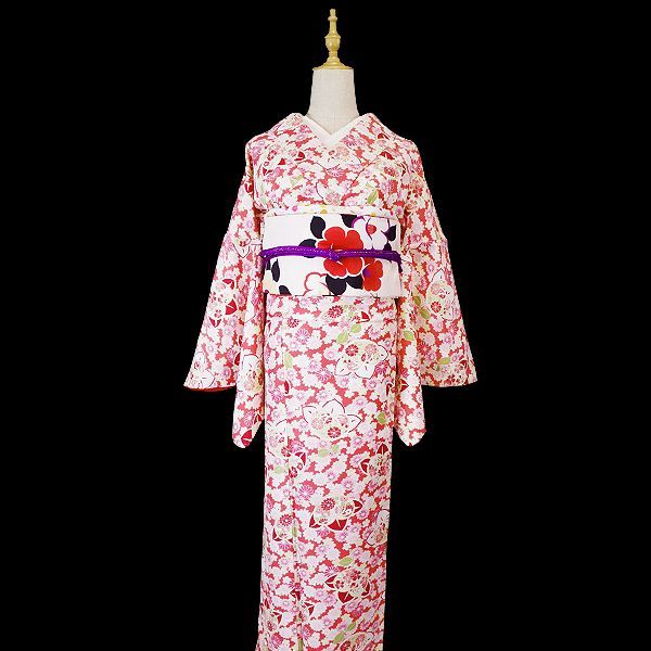 袷着物 単品 レディース きもの 小紋 ルミキクチ ピンク色 桜 桔梗 コスモス 菊 橘|レトロモダン 大人かわいい|普段着 お出かけ デート|洗える着物 フリーサイズ| |40代 50代 60代 kimono-r503