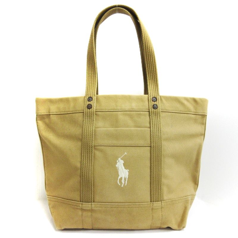 ラルフローレン ベージュ キャンバストートバッグ ロゴ刺繍入り Polo Ralph Lauren: ベージュ 刺繍 キャンバス トートバッグ