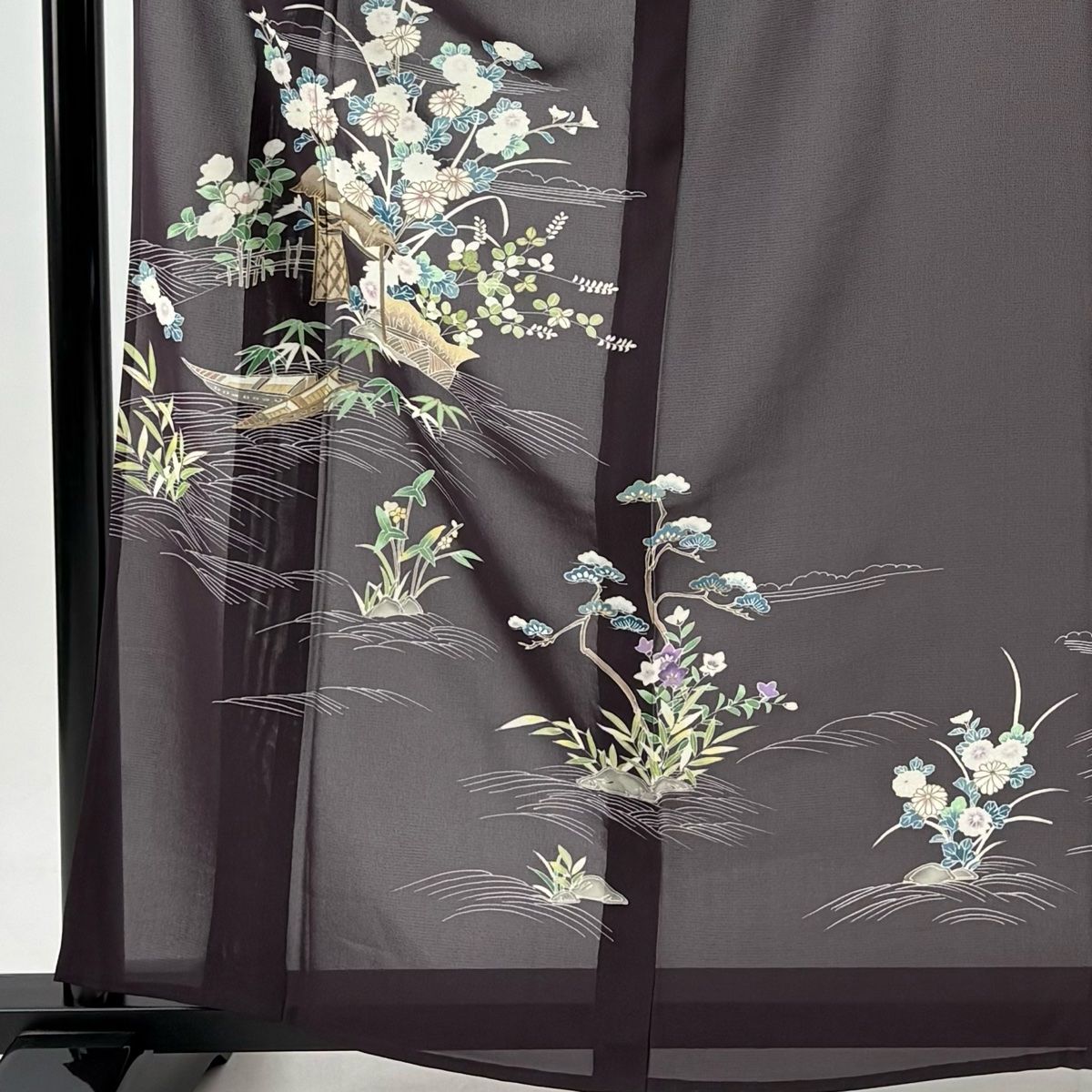訪問着 身丈161cm 裄丈64.5cm M 薄物 舟 菊 金彩 茶紫 正絹 秀品