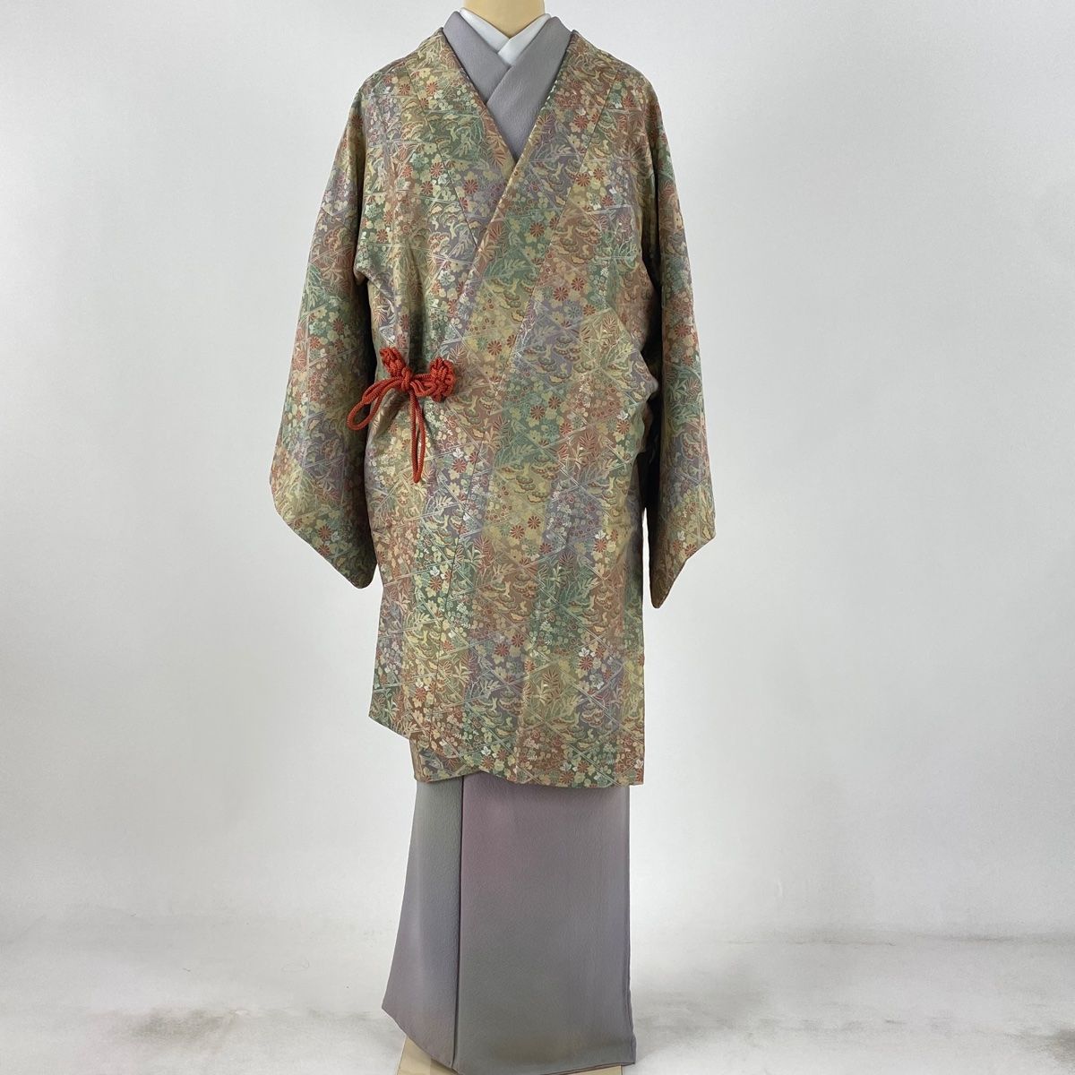 道中着 身丈98cm 裄丈68cm L 和装コート 松 菊 薄緑 正絹 名品