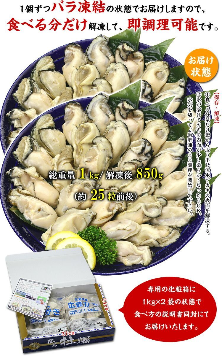 希少な超特大3Lサイズ限定販売！🦪ジャンボ広島かき2kg🦪（1kg/約25粒×2袋）【甲羅組】 カキ　牡蠣-2