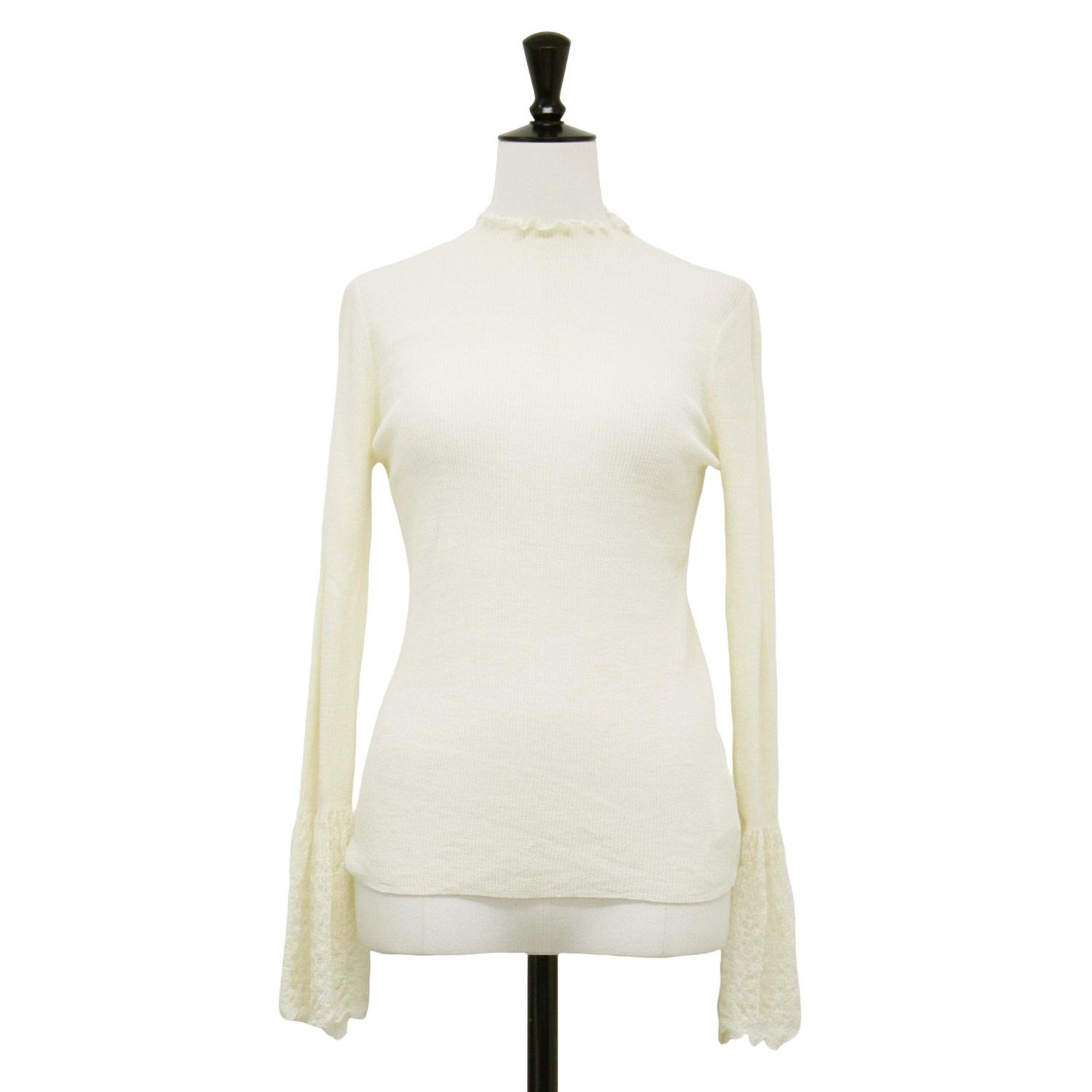 DES PRES デプレ ニット ホワイト 白 サイズ | 23秋冬 ドライウール シルク ベルスリーブ プルオーバー | リブニット | 長袖 フリルネック シアー ストレッチ | トップス セーター レディース K4614