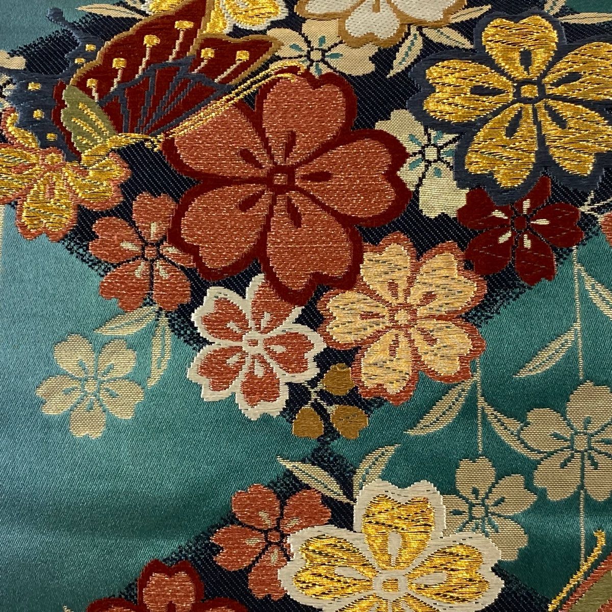 袋帯 秀品 桜 蝶 金糸 刺繍 緑 六通 正絹