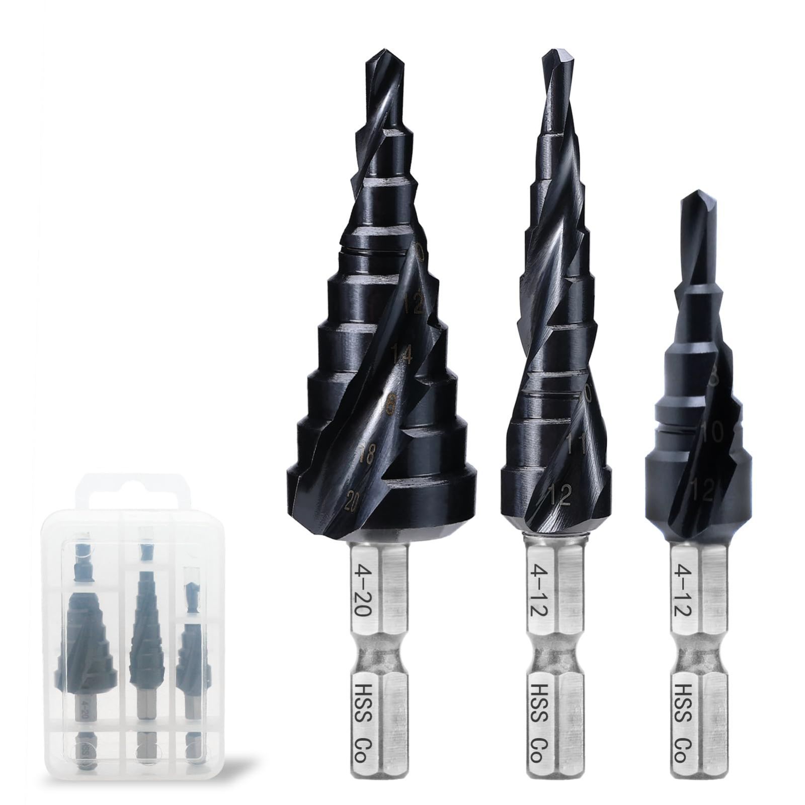Size:4-12mm5段，4-12mm9段， 4-20mm9段 無敵 二枚刃ステップドリル３点セット 六角? 螺旋 HSS-Co M35 コバルトハイス鋼 TiAlNコート もっと鋭い ステンレス用 薄いスチール、アルミニウム、木材などの穴あけに使用できます
