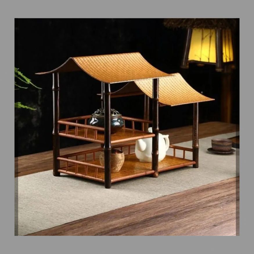 竹製品畳茶棚囲炉裏煮茶禅意梅鹿竹軒置物収納棚双層茶碗棚