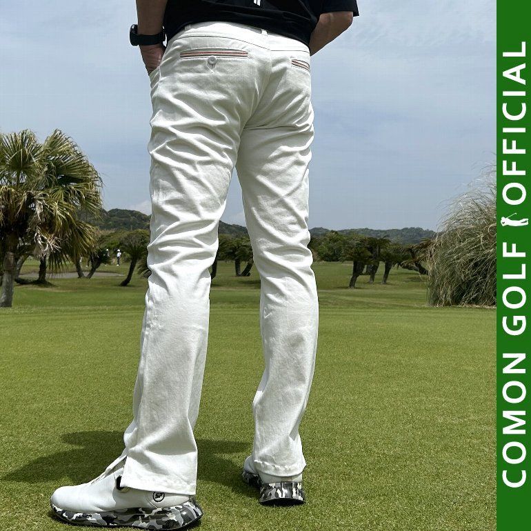 新品【COMONGOLF/コモンゴルフ】スリット入りストレッチローライズゴルフパンツ/ホワイト(CG-GI013)ゴルフウェア メンズ パンツ 春 秋 ロングパンツ ズボン ライン ゴルフウエア スリム 脚長 美