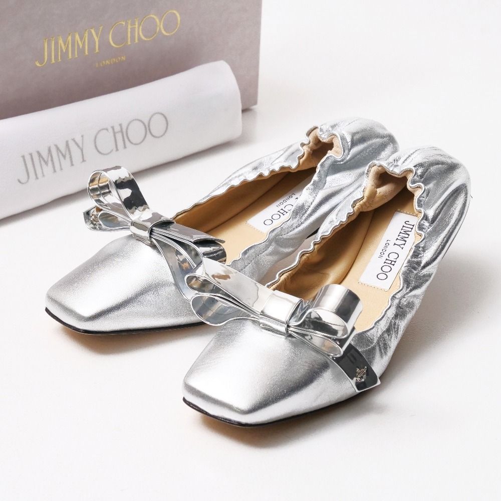 JIMMY CHOO ジミーチュウ ADALEE BALLET FLAT パンプス サイズ36 1|2 フラットパンプス バレエシューズ 靴 レザー リボン シルバー スペイン製 20250421|RA4306