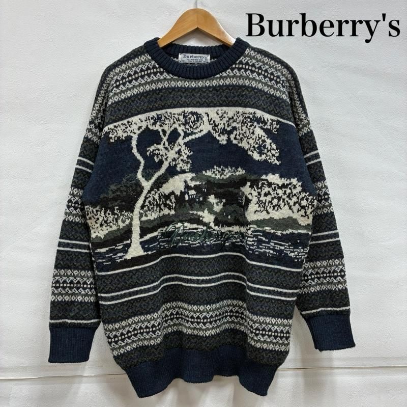 BURBERRYS バーバリーズ ニット セーター 長袖 90s 90年代 イングランド製 総柄 ウール ニット セーター 刺繍ロゴ ヴィンテージ