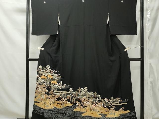 平和屋着物□豪華黒留袖 駒刺繍 人物御所車文 金彩 正絹 逸品