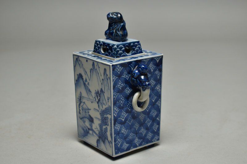 蔵A5389 古美術 南紀男山造 染付角香炉