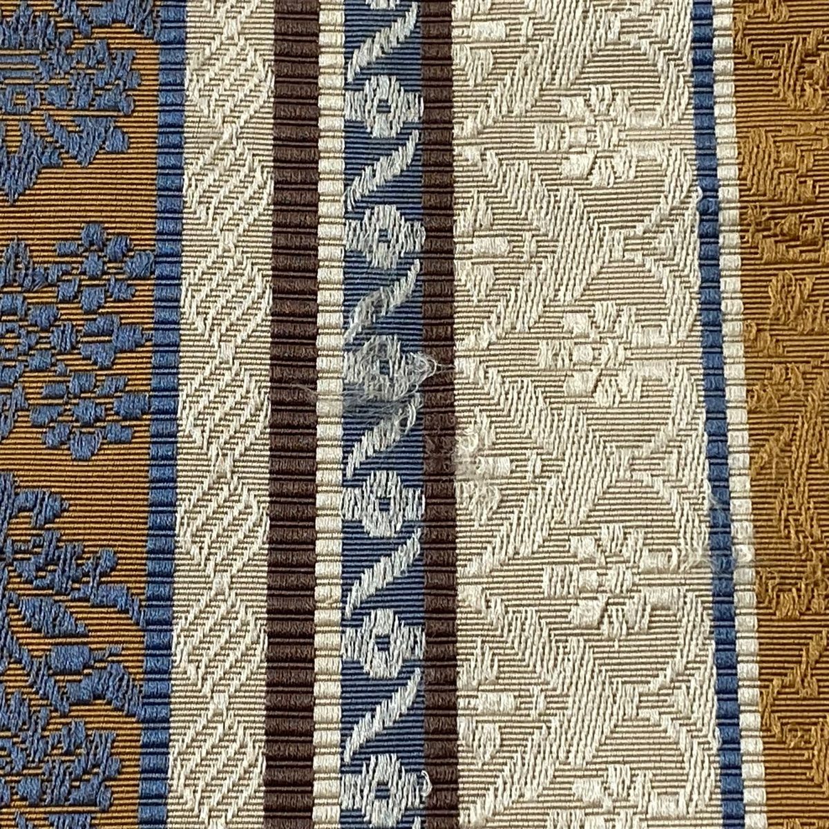半幅帯 秀品 証紙 博多織 草花 縞 山吹茶色 正絹 【中古