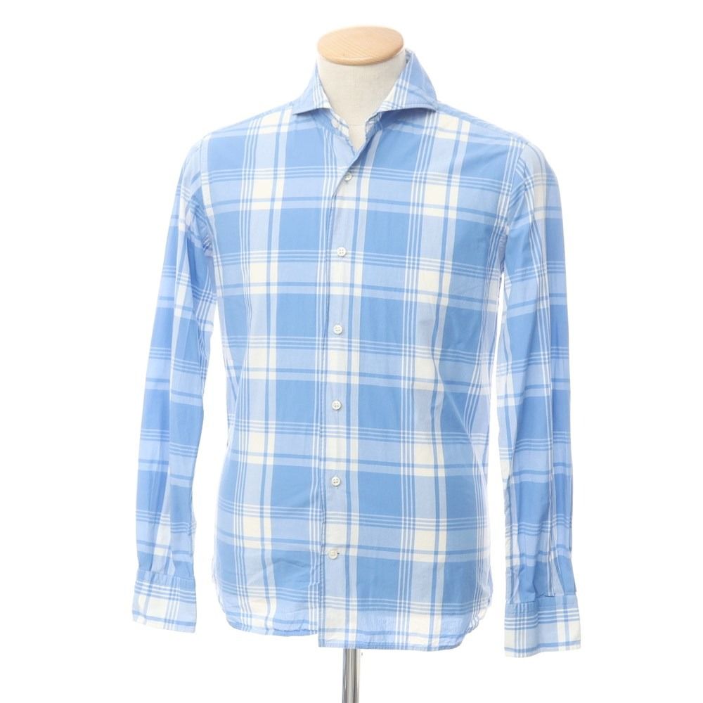 【中古】オリアン ORIAN チェック ホリゾンタルカラーシャツ ライトブルーxホワイト【サイズXS】【メンズ】