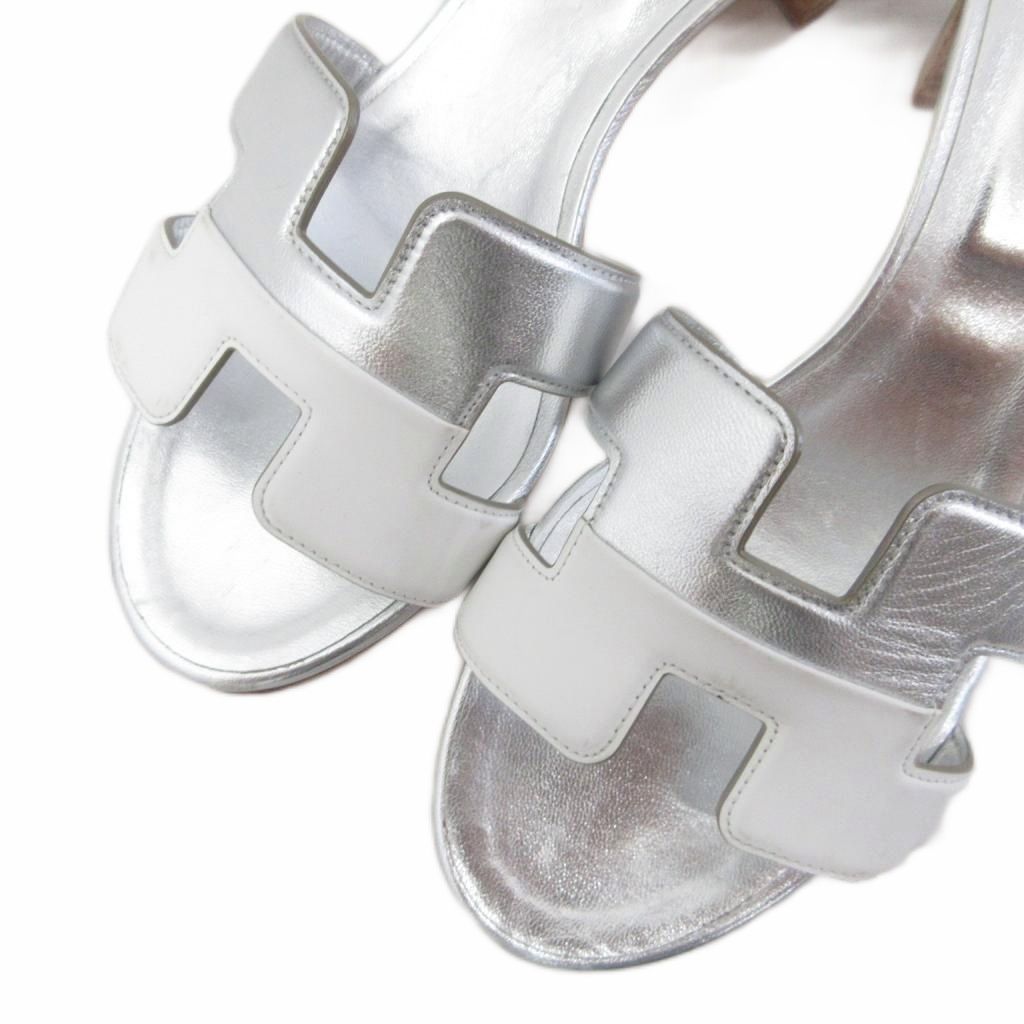 エルメス HERMES オアジス オアシス エトープ エトゥープ サンダル Hモチーフ チャンキーヒール 36 1|2 シルバーカラー KIN-KAAI_COM