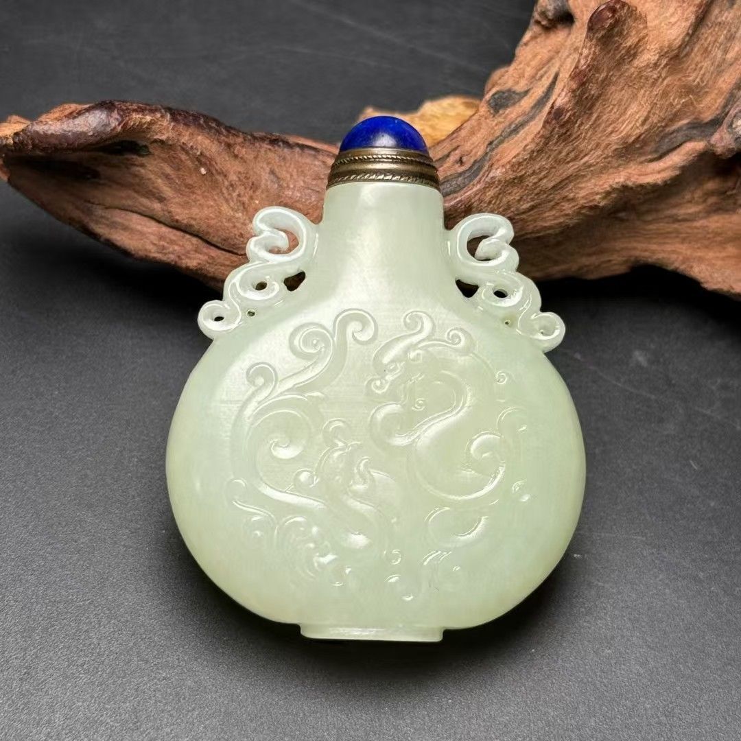 中国古美術.旧蔵品.古和田玉雙耳鼻煙壺.龍鳳紋.裝身具. 裝飾品.賞物.中国古玩