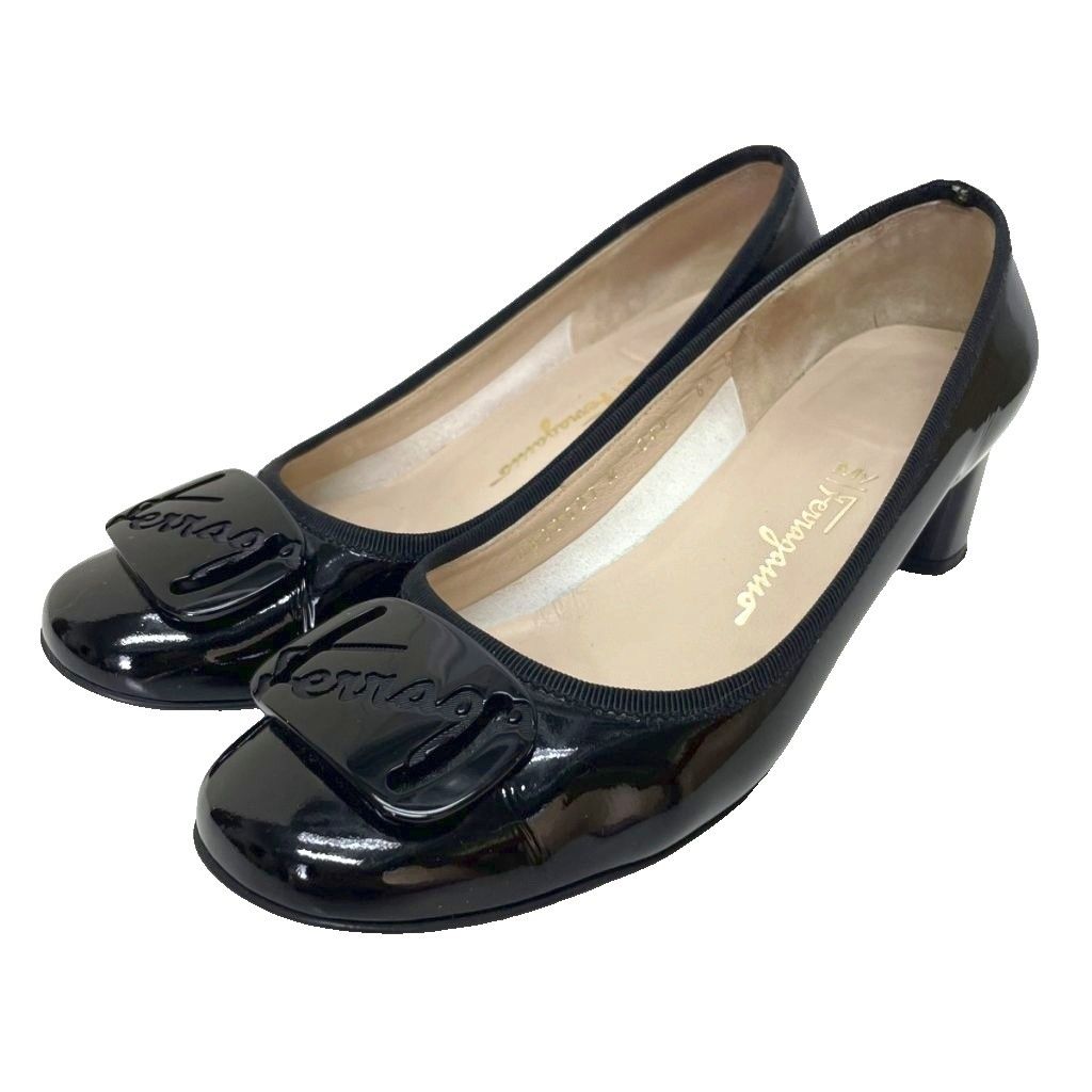 サルヴァトーレフェラガモ Salvatore Ferragamo My Ferragamo マイフェラガモ エナメル パンプス ローヒール ロゴプレート 6.5C 黒 ブラック