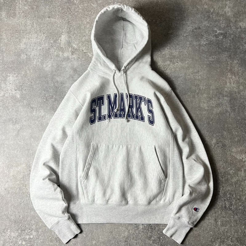 Champion 両面 カレッジ プリント リバースウィーブ スウェット フード パーカー S / 復刻 単色タグ チャンピオン 霜降り グレー