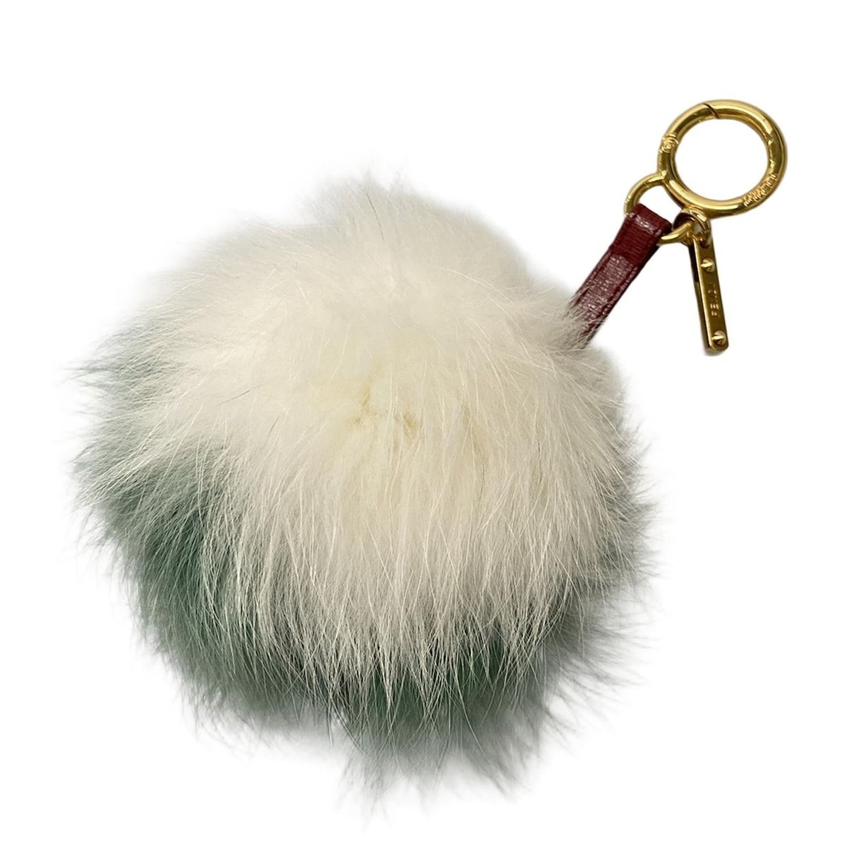 FENDI フェンディ キーホルダー チャーム ポンポンチャーム グリーン×白 レザー ファー