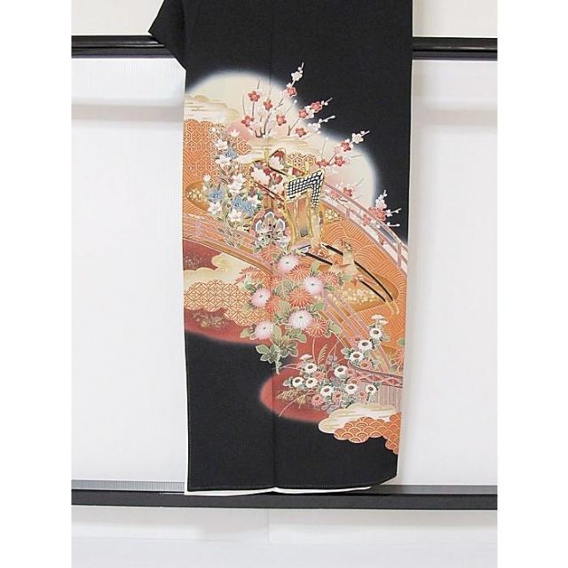 黒留袖 正絹一越 比翼(化繊) 刺繍(金駒) 御所車に吉祥花 148cm前後  