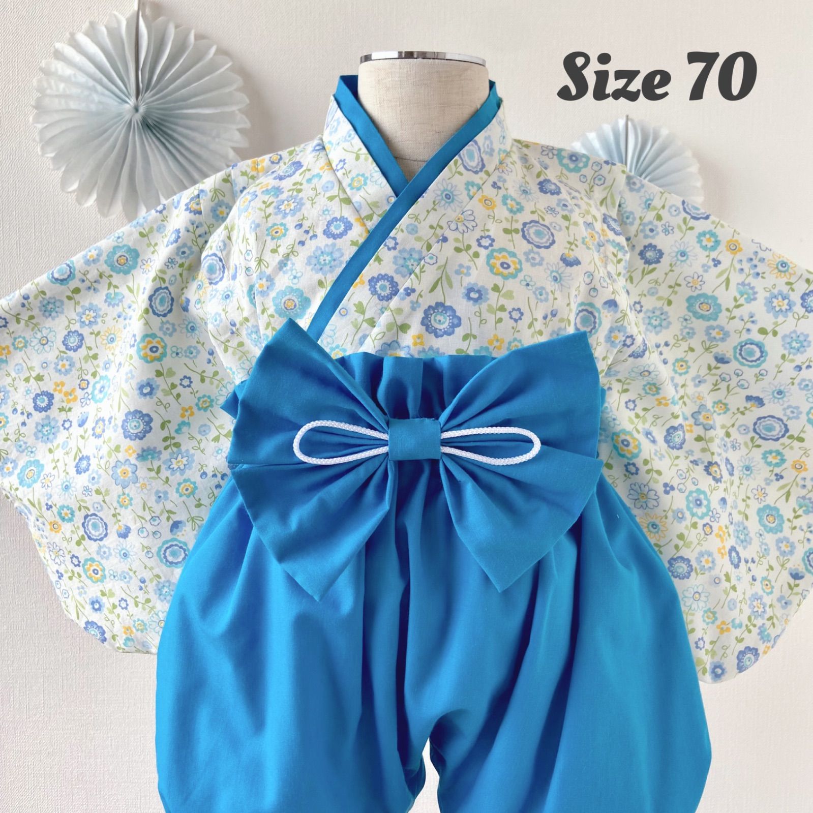 ベビー袴 70サイズ 花柄×ブルー ハンドメイド