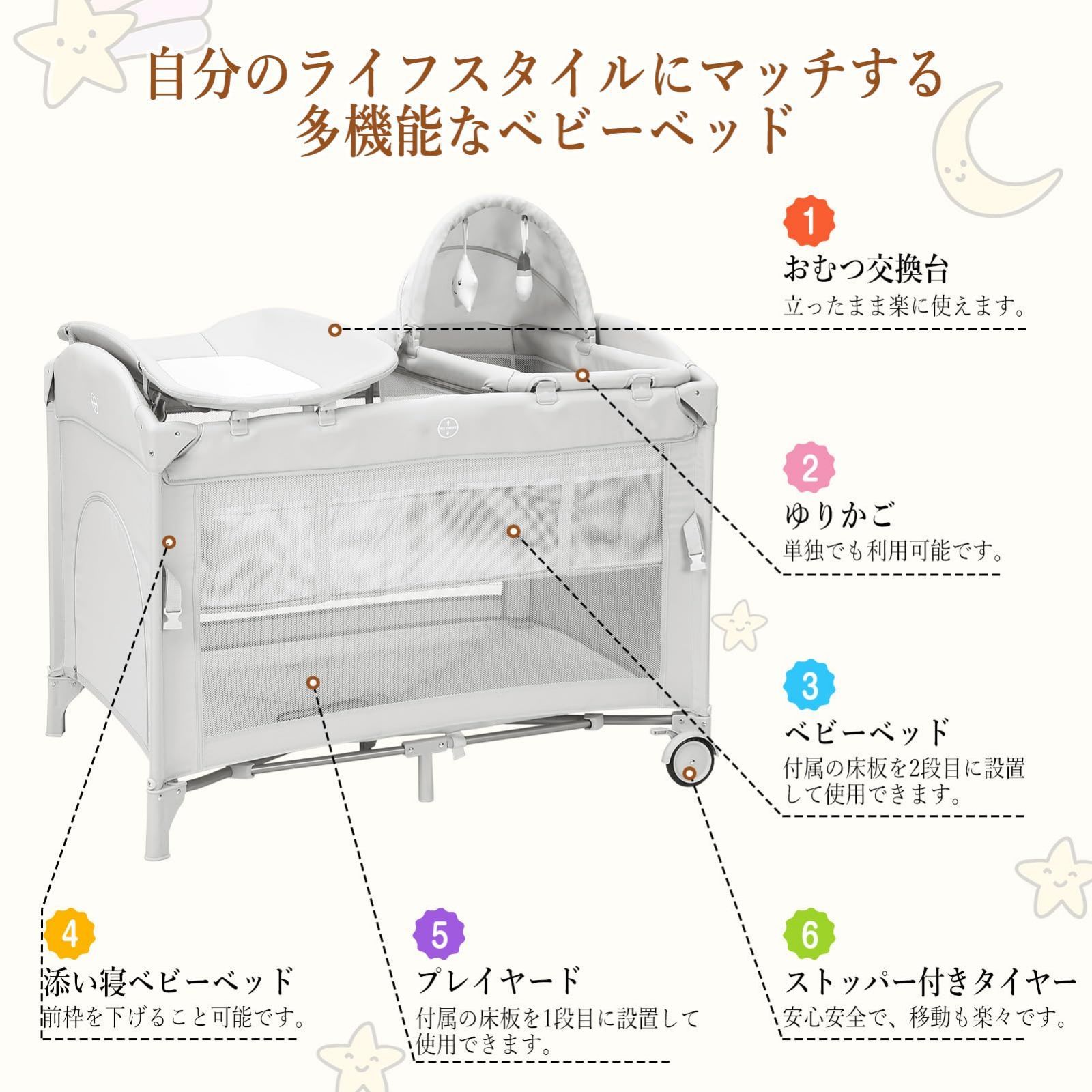  Thinkmax ベビーベッド 折りたたみ 添い寝 揺りかご おむつ交換台 プレイヤード マットレス付き ベビーサークル キャスター クーファン 赤ちゃんベッド 長く使える プレゼント 出産祝い グレー ベッド ベビー用寝具 ベッド