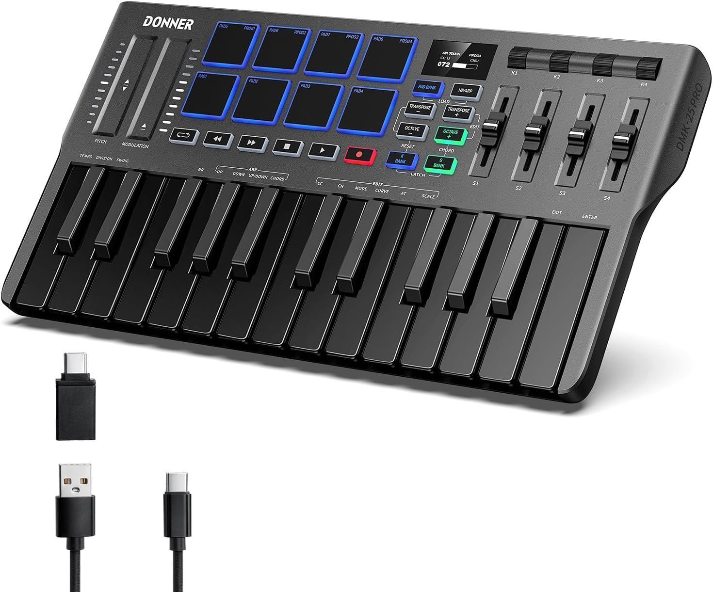 Donner USB MIDI キーボード コントローラー 25鍵 ベロシティ対応 タッチ式スライダー OLEDスクリーン バックライト付パッド 音楽制作 Mac PC対応 日本語説明書 ブラック DMK-25 PRO