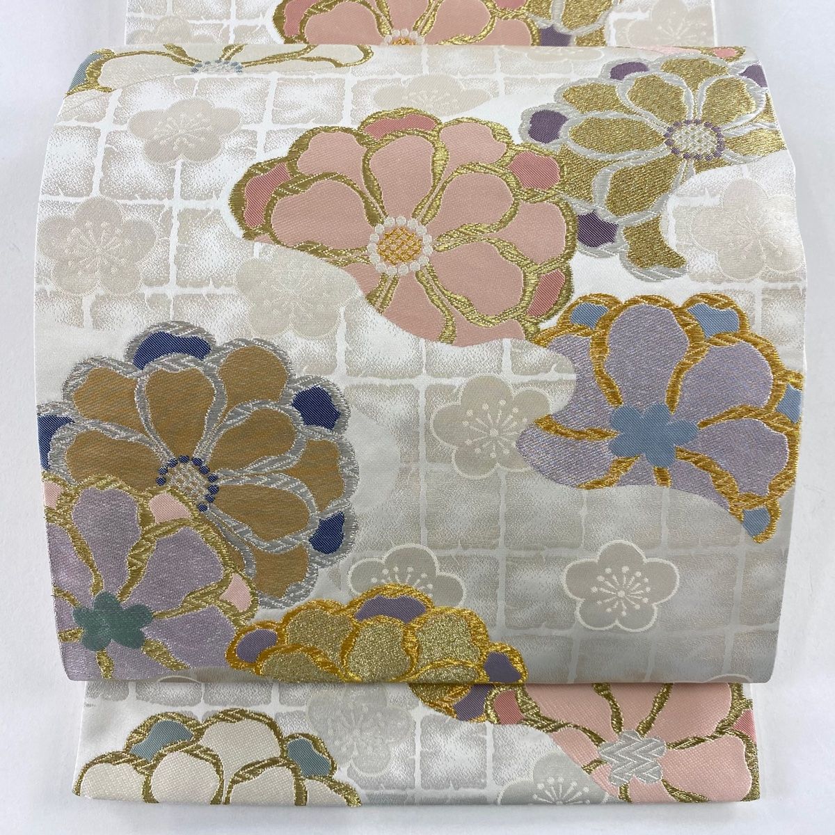 袋帯 中古品 鱗 花 金糸 箔 ベージュ 両面 博多織 正絹 袋帯 ベージュ 金糸 御所車 扇面 花 六通