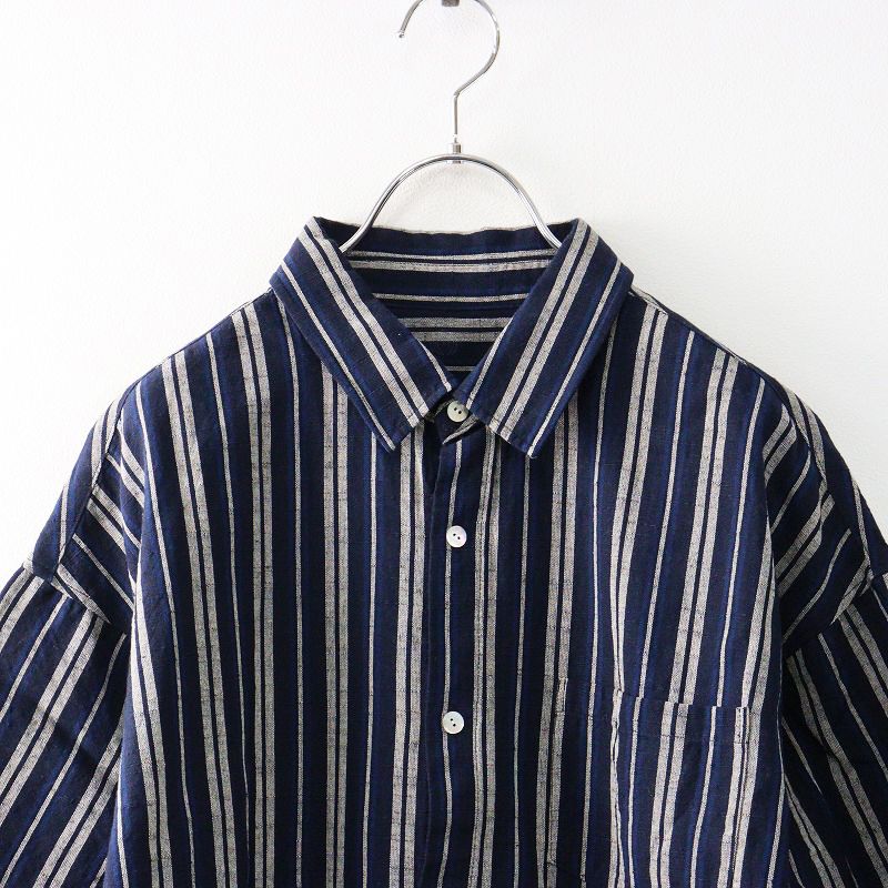美品 ヤンマ産業 YAMMA 会津木綿 古代縞シャツ/ネイビー