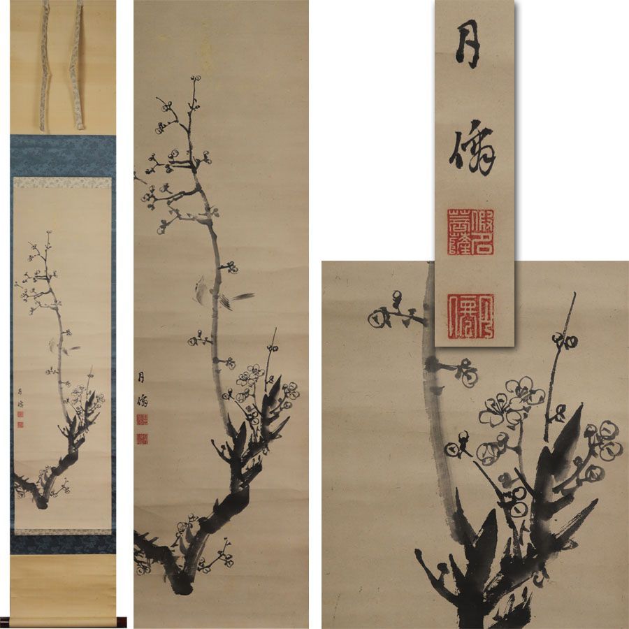 源･M 江戸期 画僧 月僊 筆 水墨 白梅図|識箱