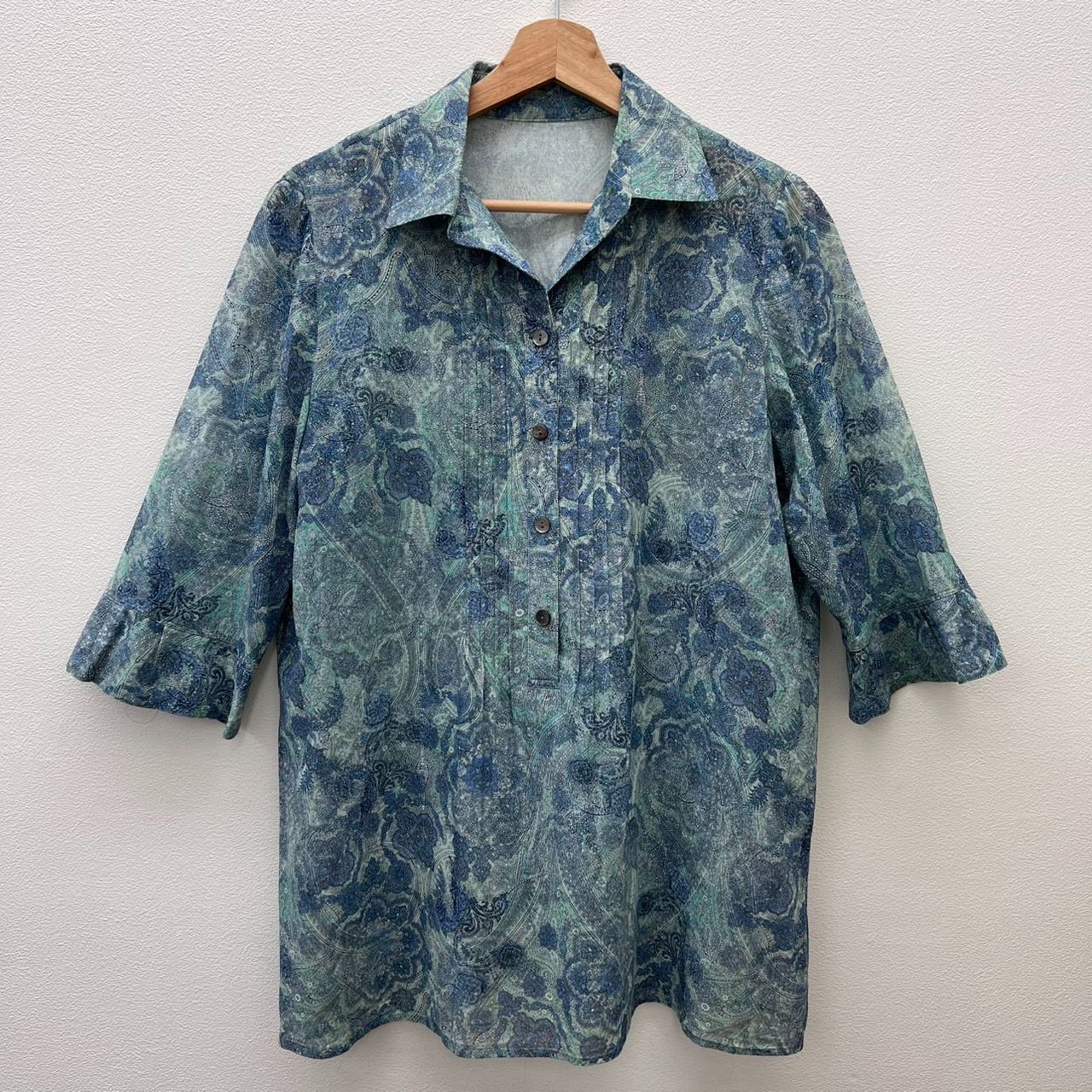 Leilian レリアン 薄手 ブラウス 七分袖 グリーン×ブルー系 13号 