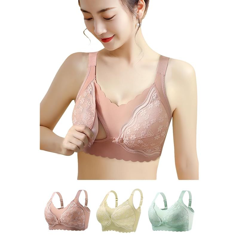 [veimia] 授乳ブラ 3枚セット 前開きブラジャー マタニティブラ ノンワイヤー 授乳ブラジャー 綿 ウィンドオープン color：ピンク+イエロー+グリーン size：XL