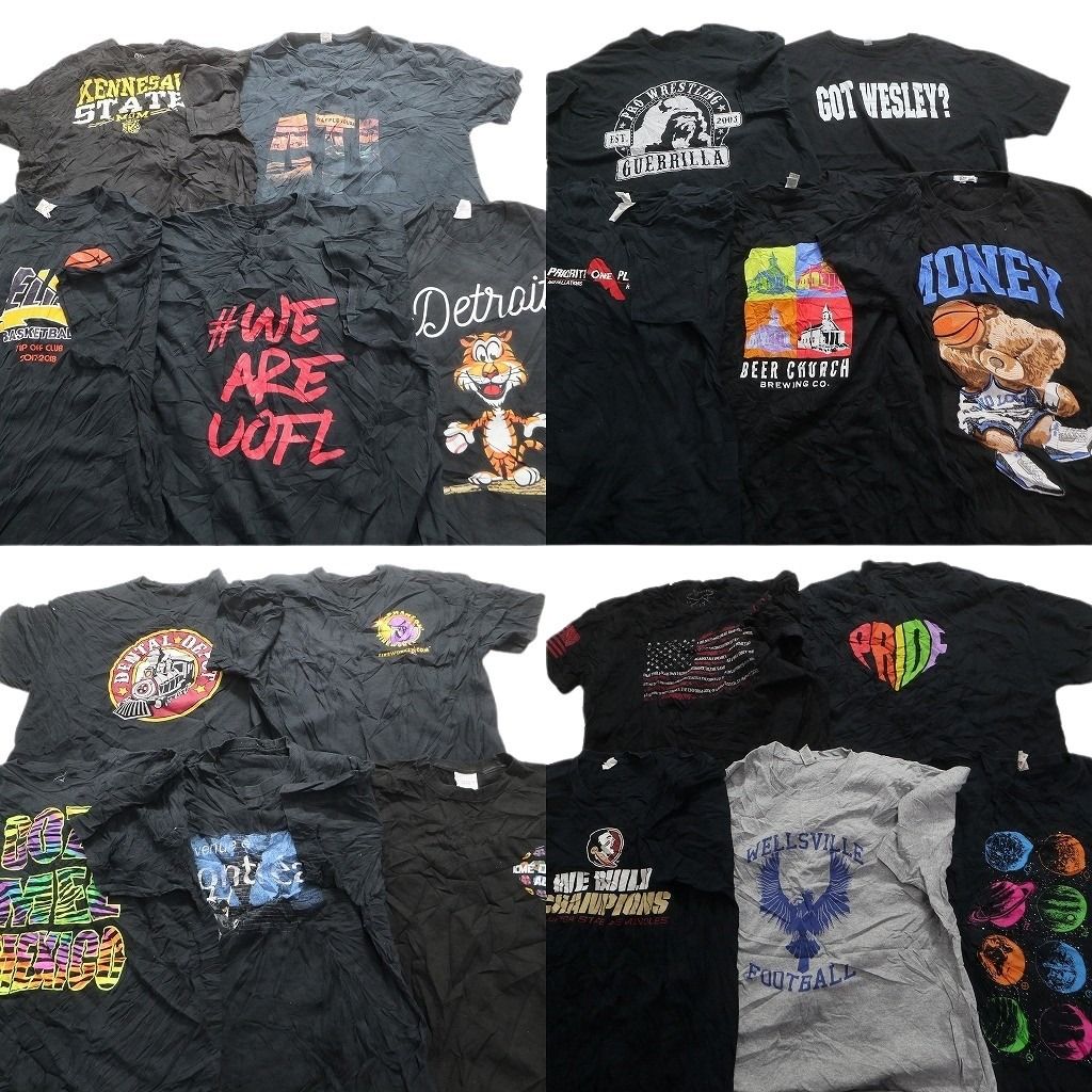 古着卸 まとめ売り 黒・グレー ボディ プリント 半袖Tシャツ 20枚セット (メンズ XL ) 英文字プリント ワンポイント 無地 中古 古着 MZ0330
