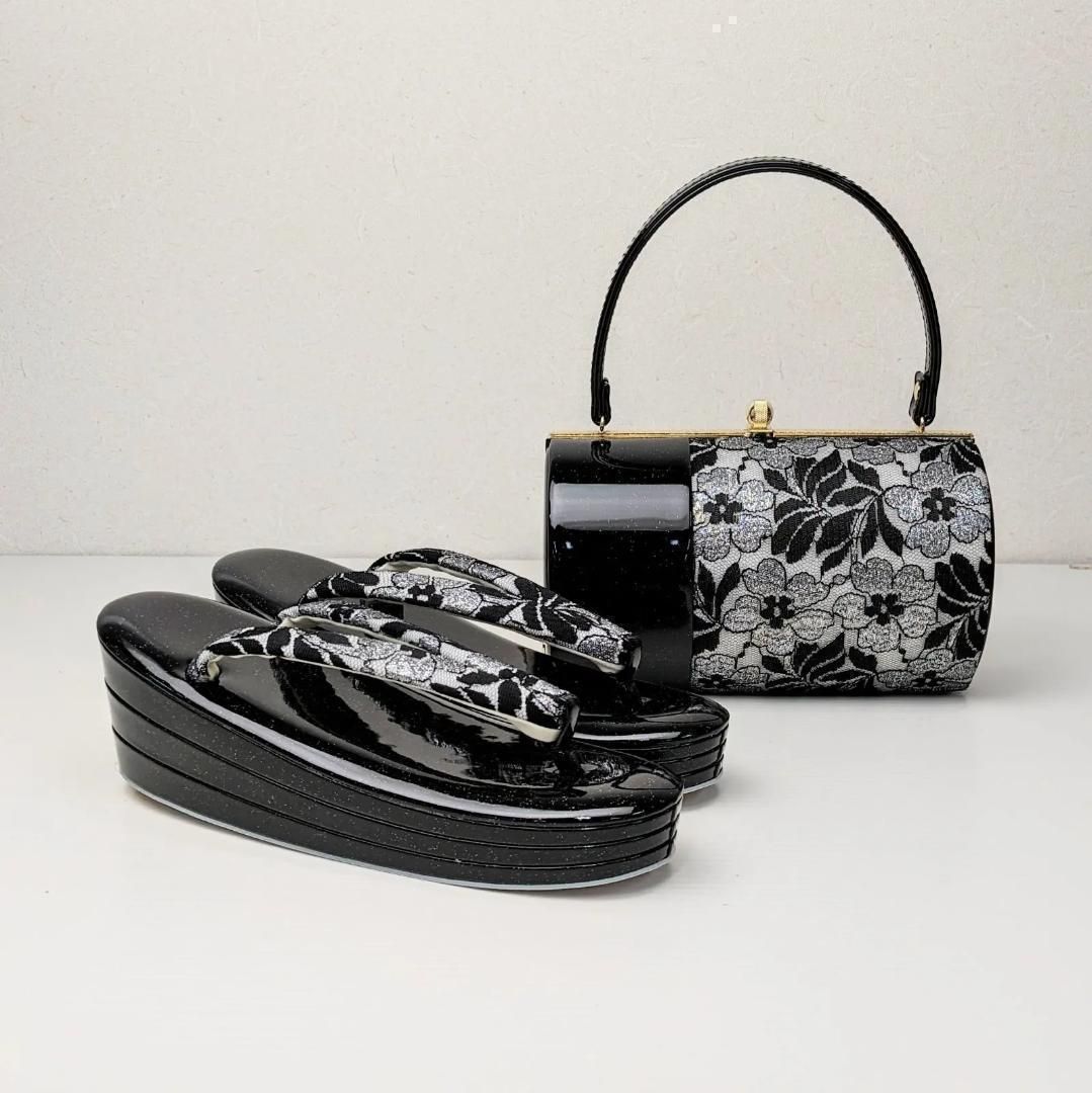 草履バッグセット 振袖用 エナメル×レース 白×黒 フリーサイズ u72-3