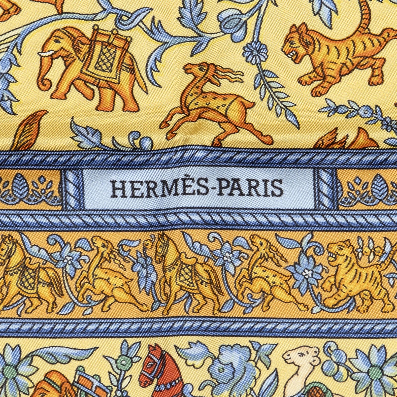 HERMÈS シルクスカーフ イエロー/ブルー HERMES エルメス スカーフ カレ40 馬 ホース ロボカバール