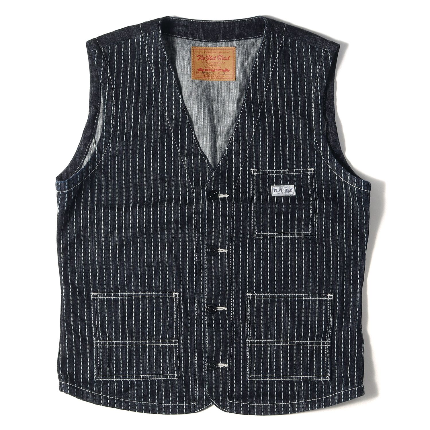 美品 FLAT HEAD フラットヘッド ベスト ウォバッシュ デニム ワークベスト 現行モデル インディゴ ブルー ネイビー 42(XL