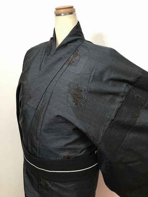 平和屋着物▽男性 色紋付 単衣 流水地紋 瑠璃色 正絹 逸品 AABA9547jh  