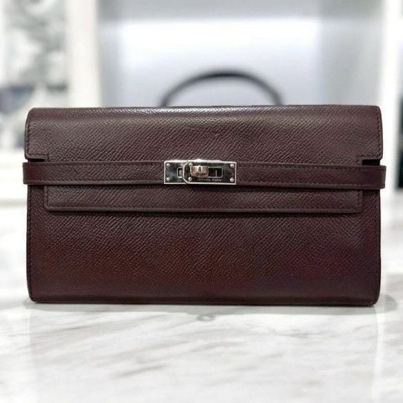 エルメス ケリーウォレット エプソン 長財布 濃茶 □L刻印