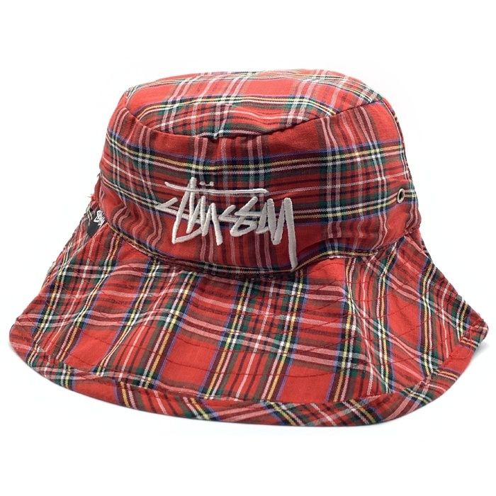80-90 s STUSSY ステューシー チェックロールアップハット スナップボタン レッド 黒タグ Size L