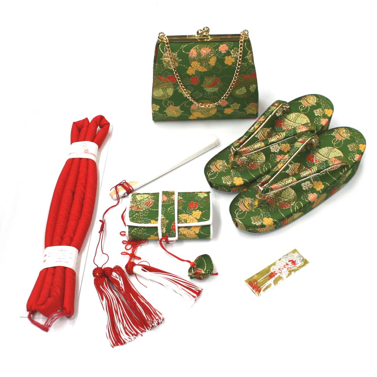 七五三 7歳 はこせこセット 筥迫セット 四つ身用 草履 バッグ 筥迫 帯締め ビラカン 扇子 深緑