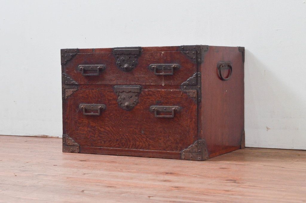 事前問合せ必須 酒田船箪笥 和製アンティーク 前面欅 ケヤキ材 玉杢 舟箪笥 帳箱 帳場箪笥 時代箪笥 小箪笥 小物収納 リペア+発送まで3週間前後 R-076289