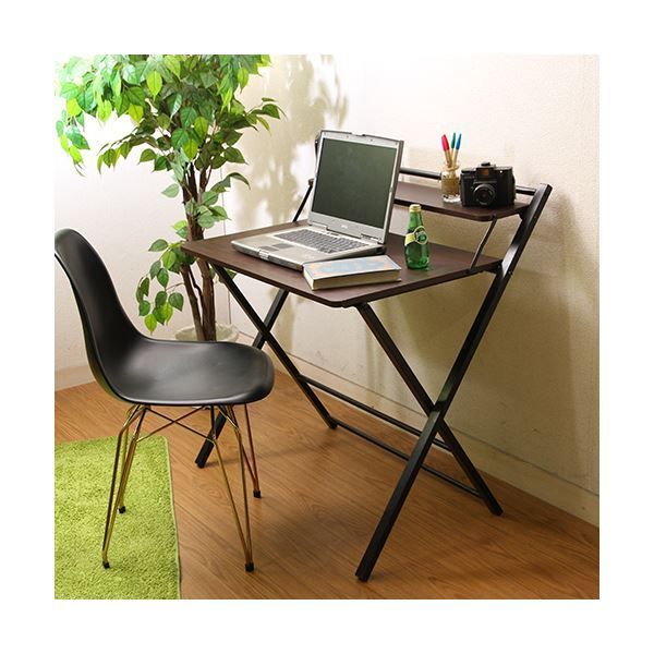 フォールディングデスク 折りたたみデスク 幅88×奥行64cm ダークブラウン×ブラック 収納棚付き 省スペース収納 代引不可