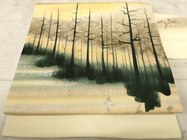 平和屋着物◎塩瀬 九寸名古屋帯 手描き 風景樹林文 正絹 逸品  