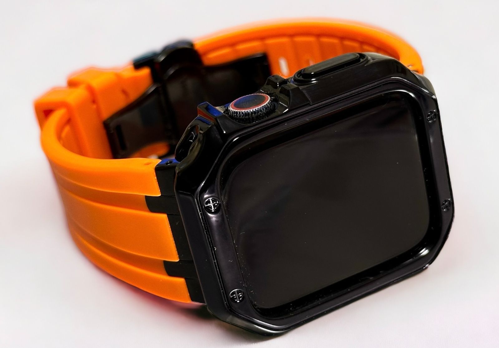 シームレス オレンジ-ブラック アップルウォッチ 316Lステンレス ラバーベルト Apple Watch 厚ケース カバー series1〜9 38mm 40mm 41mm 42mm 44mm 45mm Apple Watch バンド