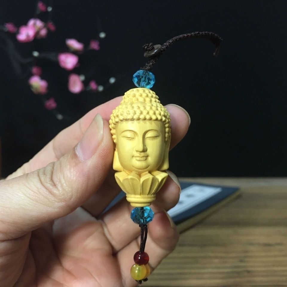 柘植彫刻 黄楊木彫り 観音頭 御守り オブジェ 根付 伝統的に細工