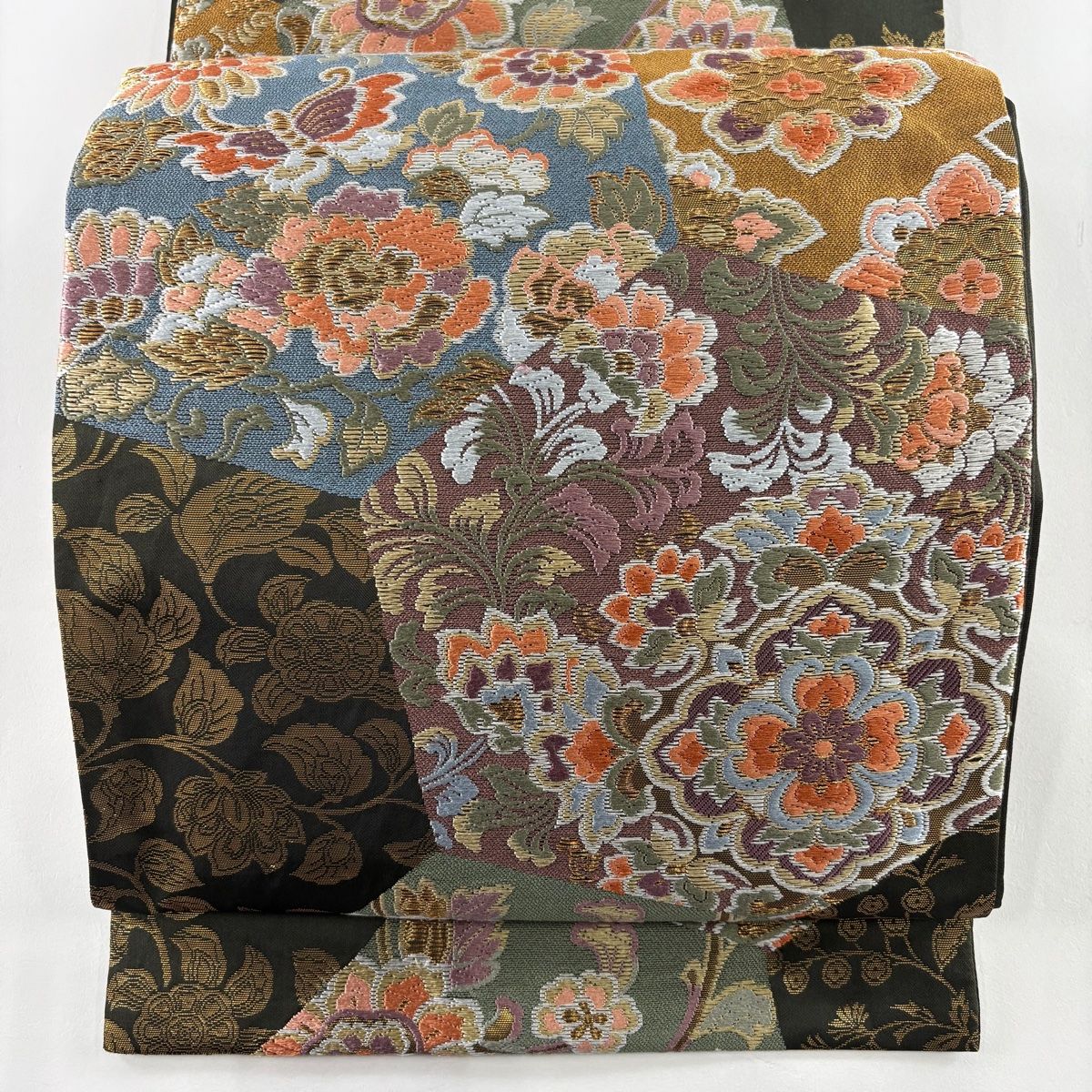 袋帯 秀品 華文 花蝶 唐織 箔 深緑 六通 正絹