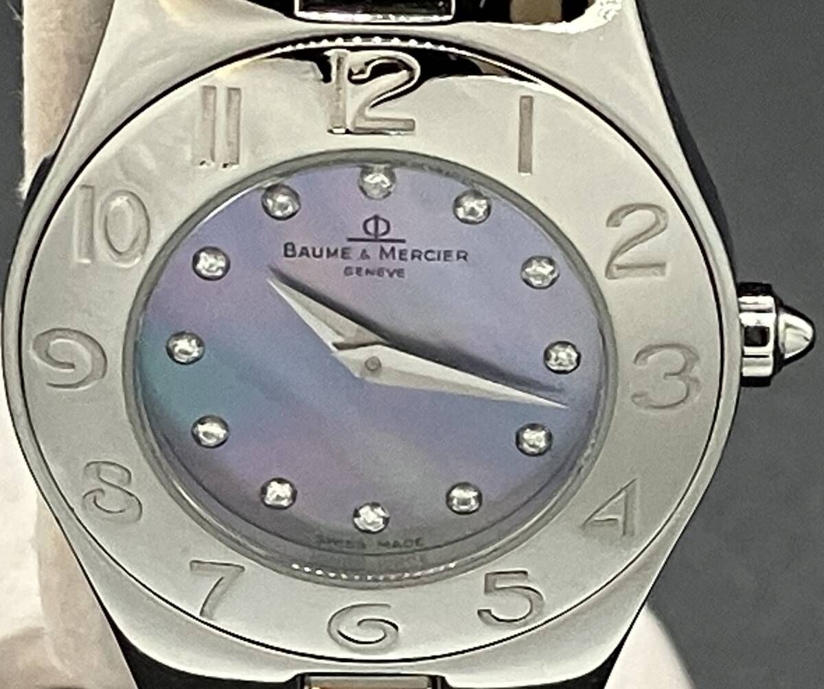 即決 BAUME-MERCIER リネア クォーツ 65305 アナログ ダイヤモンド シェル文字盤 ブルー 3364＊＊＊ ボーム-メルシエ