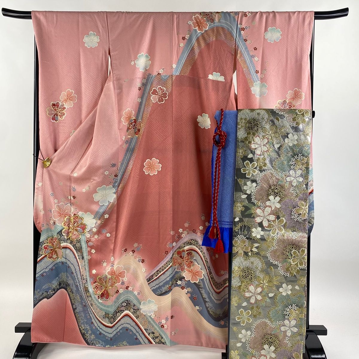 未使用近い　ほぼ美品　袷　正絹振袖フルセット　正絹　裄67.5 kyou-ka_c061