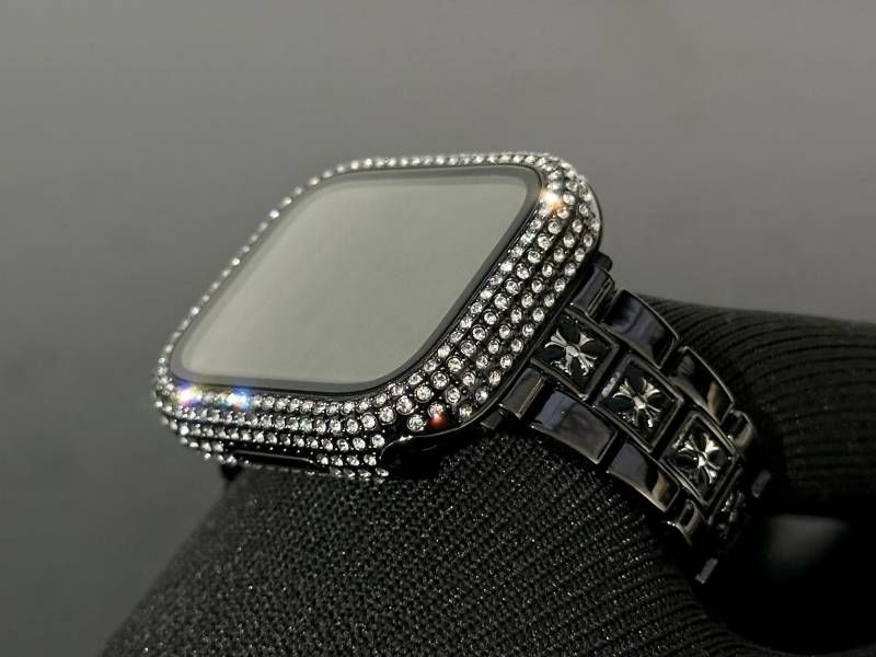 ブラック Apple Watchメタルバンド glassパヴェカバー アップルウォッチ ステンレスベルト クロスデザイン リンクブレスレット 画面保護ケース キラキラ メッキ 41mm42mm44mm45mm46mm49mm ultra ウルトラ